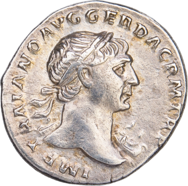 Trajan. A.D. 98-117. Rome -  A.D. 107-108. AR Denarius. COS V P P S P Q R OPTIMO PRINC_obv