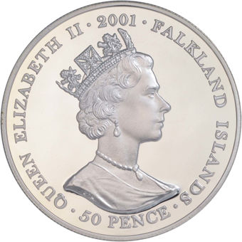 Falkand Islands, 50 Pence (History of British Coins Charles II Guinea) 2001 Proof Sterling Silver_obv