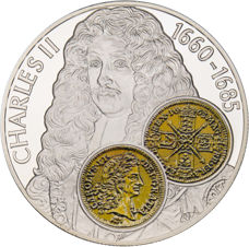 Falkand Islands, 50 Pence (History of British Coins Charles II Guinea) 2001 Silver Piedfort_obv