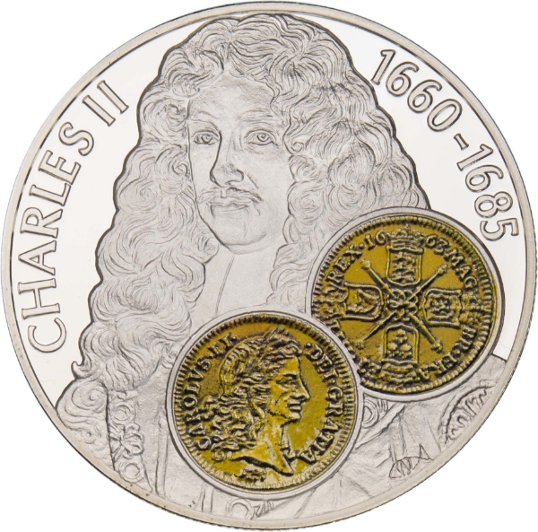 Falkand Islands, 50 Pence (History of British Coins Charles II Guinea) 2001 Silver Piedfort_obv