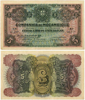 Mozambique 5 Libras 1934 PR32  VF_obv
