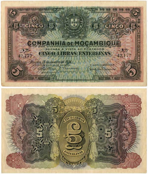 Mozambique 5 Libras 1934 PR32  VF_obv