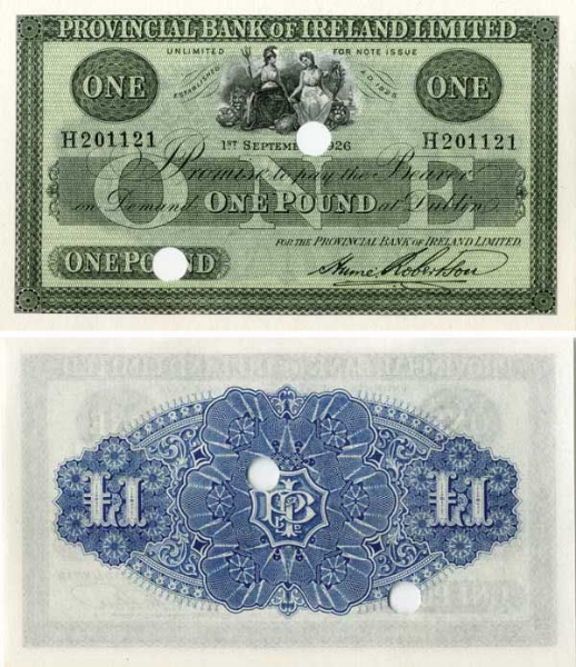 Provincial Bank Ireland £1 September 1926 DUBLIN P346b Unissued Hole Cancelled H Prefix