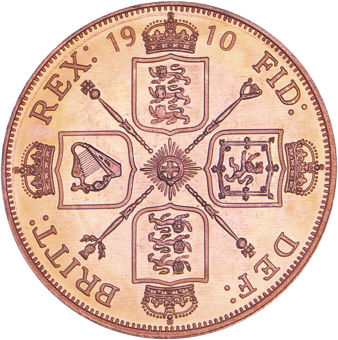 George V, Double Florin (Copper) Patina Proof_rev