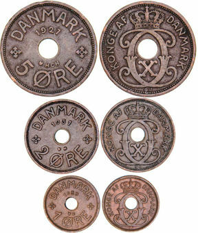 Denmark, 3 coin set with holes