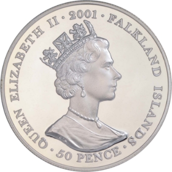 Falkand Islands, 50 pence History of British coins - King Edward VI Gold Noble 2001 Silver Piedfort Crown_rev