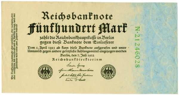 Germany 500 Marks 1922 P74b/TBB227b Unc