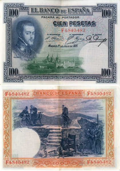 Spain 100 Pesetas 1925 P69c Philip II Fine