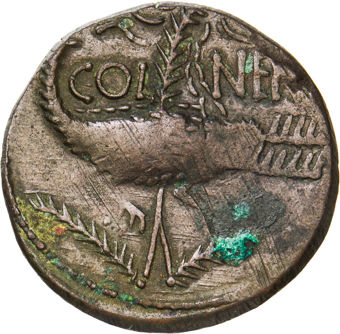 Contemporary imitation of Augustus & Agrippa. Ca 29-15 B.C. Nemausus, Gaul. Æ Dupondius. COL-NEM_rev