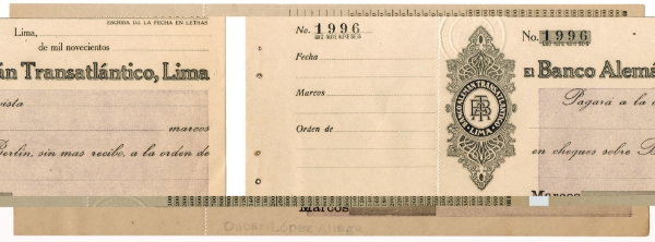 Peru Banco Aleman Transatlantico Lima Sight Draft Marcos Unissued Counterfoil