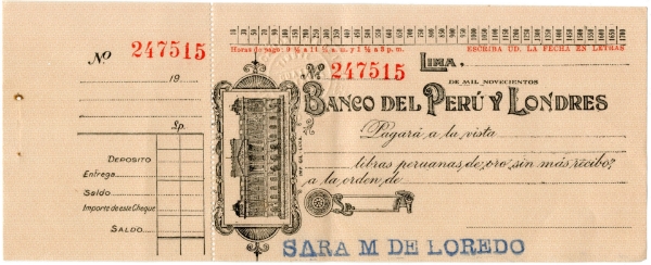 Banco Del Peru Y Londres Libras Peruanos19-  Unissued Counterfoil