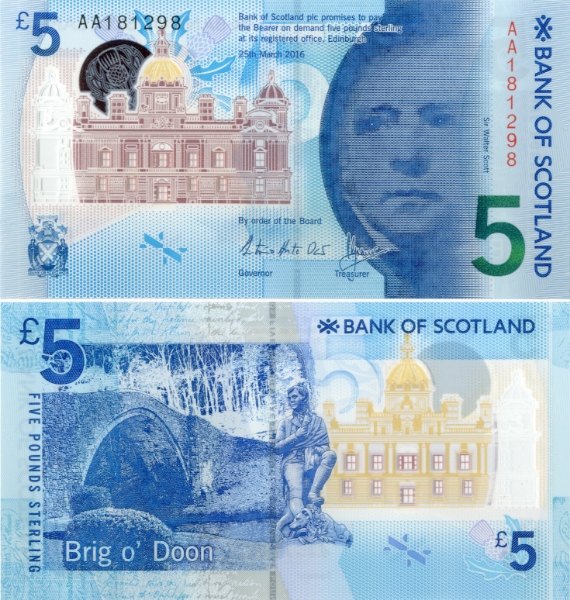 Bank Scotland £5 P130 2016 AA Prefix Polymer Unc