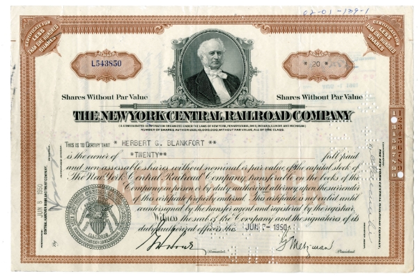 USA Share Certificate New York Central Railway -Man