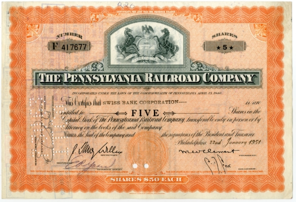 USA Share Certificate Pennsylvania Railway Horse