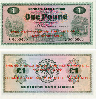 N Ireland Northern Bank £1 1970 P187a Training Purposes Unc