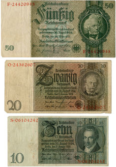 Germany 10,20, & 50 Reichsmarks 1924-33 P180-2 Fine & Better