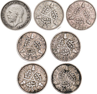 George V, Silver Threepence set 1931-36