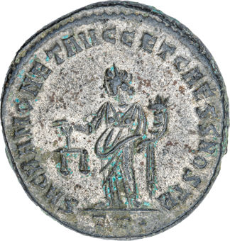 Galerius as Caesar. A.D. 293-305., Ticinum - A.D. 300-303. Billon Follis. SACRA MONET AVGG ET CAESS NOSTR_rev