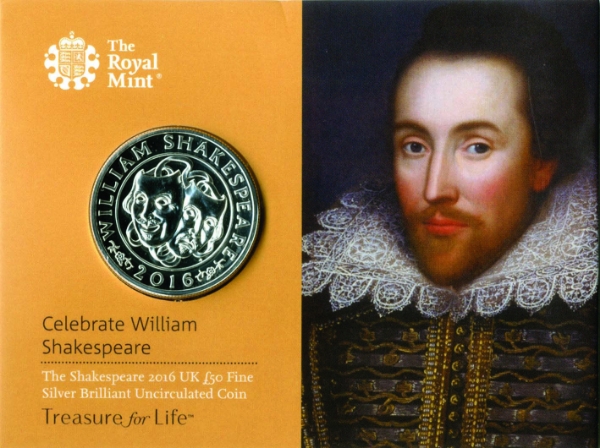 Elizabeth II, £50 Fine Silver, 2016 William Shakespeare 400th Anniv.
