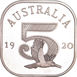 Australia Square Silver Patina, George V, Crowned Bust, 1920  5 Dollars with Kookaburra_rev