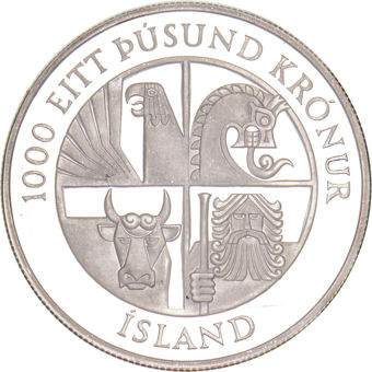 Iceland, 1100th Anniversary, 874-1974, 2 silver Proofs, 500 & 1000 Kronur_rev