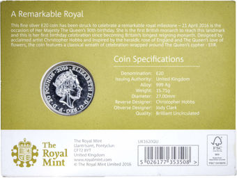 Elizabeth II, £20 Fine Silver, 2016 - Queen's 90th Birthday_main_rev