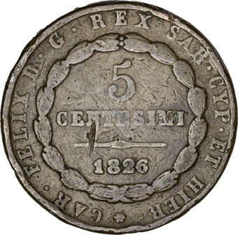 Sardinia, 5 Centesimi, Fine-rev