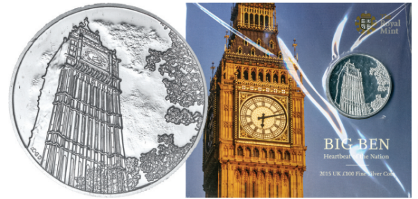 £100 2015, Elizabeth Tower (Big Ben), Heartbeat of the Nation. Two ounce fine silver issue.
