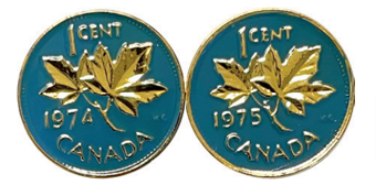 Canada, pair of 1 cent maple leaf cufflinks , blue and gold