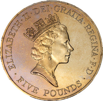 £5 1996 Queen's 70th Birthday BU in folder_obv