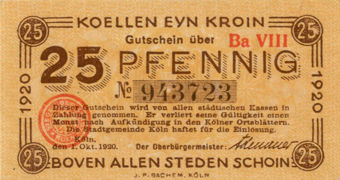 Germany Koln Adenauer Notgeld x 3 Fine-Unc_25pf_obv