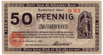 Germany Koln Adenauer Notgeld x 3 Fine-Unc_50pf_obv