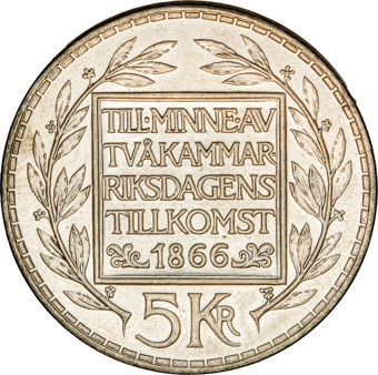 Sweden 5 Kroner 1966 100th Anniversary KM839_rev