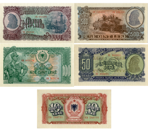 Albania 10-1000 Leke 1957 (5 Values) Unc_main