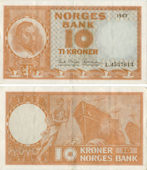 Norway 10 Kroner 1962-72 P31 F-VF