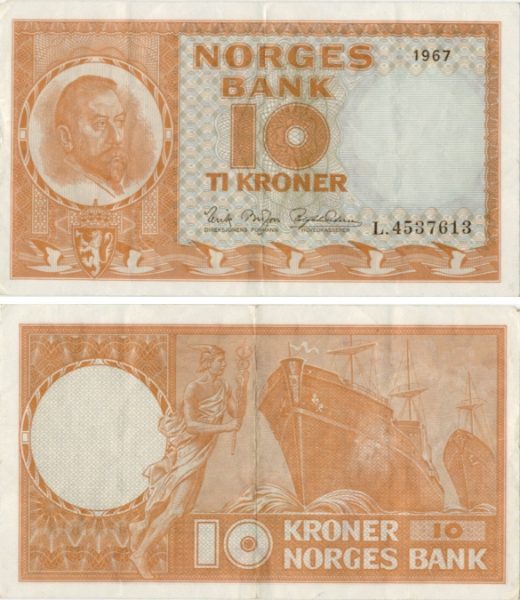 Norway 10 Kroner 1962-72 P31 F-VF