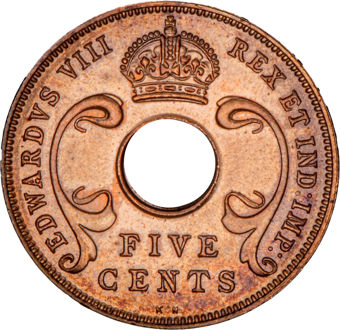 Edward VIII, East Africa, 5 cents 1936 KN, Brilliant Uncirculated_obv