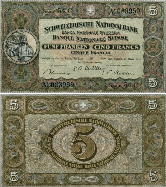 Switzerland 5 Franken 1952 P11p/TBB305p Unc