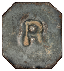 Jamaica, Trinity Estate, Robert Brahm, St. Mary, Tally in black metal stamped ‘R’ and officially holed._obv