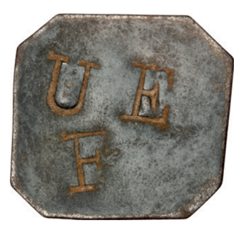 Jamaica, United Estates, St. Mary, Tally black metal 8 sided stamped with ‘U E and F’_obv