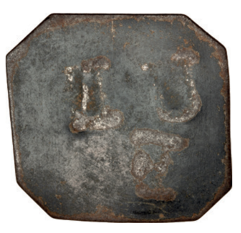 Jamaica, United Estates, St. Mary, Tally black metal 8 sided stamped with ‘U E and F’_rev
