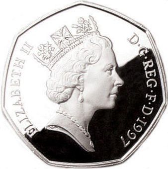 Elizabeth II, Large & Small 1997 50p in Silver Proof FDC_small_obv