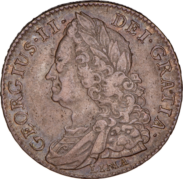 George II, Halfcrown, 1745 D.NONO, LIMA below bust, Old Head._obv
