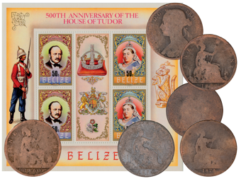 Victoria Souvenir Sheet from Belize & Five Worn Bun Head Pennies_main