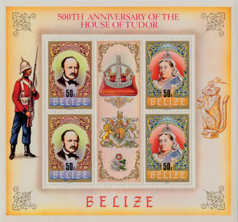 Victoria Souvenir Sheet from Belize & Five Worn Bun Head Pennies_main_1