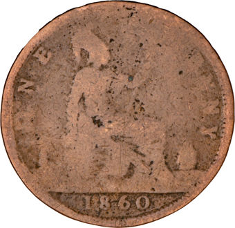 Victoria Souvenir Sheet from Belize & Five Worn Bun Head Pennies_1860_rev
