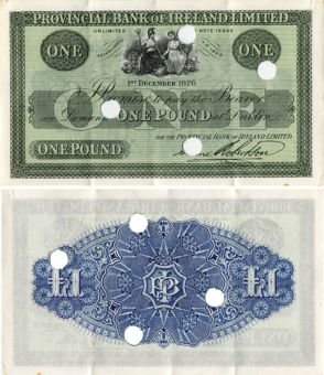 Provincial Bank of Ireland £1 Dec 1926 DUBLIN Unissued Hole Cancelled No serial numbers Unc