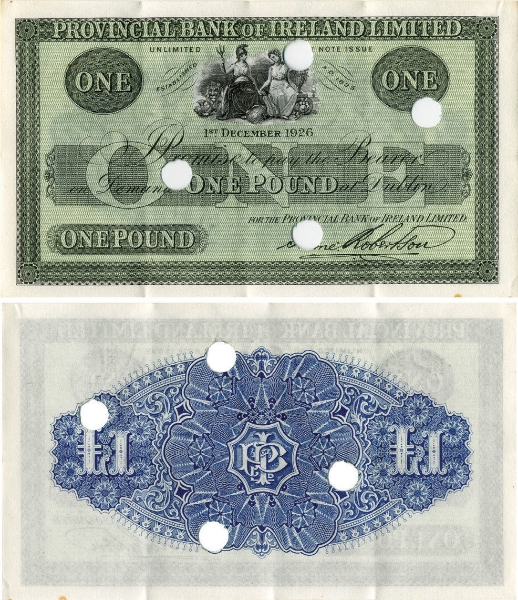 Provincial Bank of Ireland £1 Dec 1926 DUBLIN Unissued Hole Cancelled No serial numbers Unc