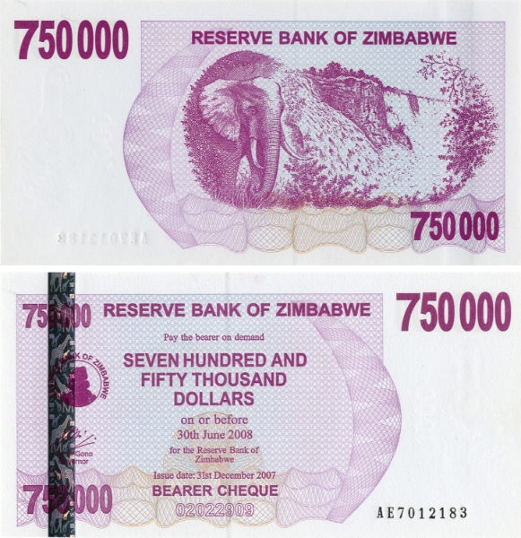 Zimbabwe 750,000 Dollars 2008 P52 Unc