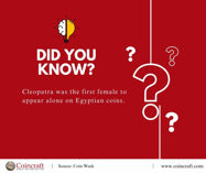 Picture of Cleopatra was the first female to appear alone on Egyptian coins.